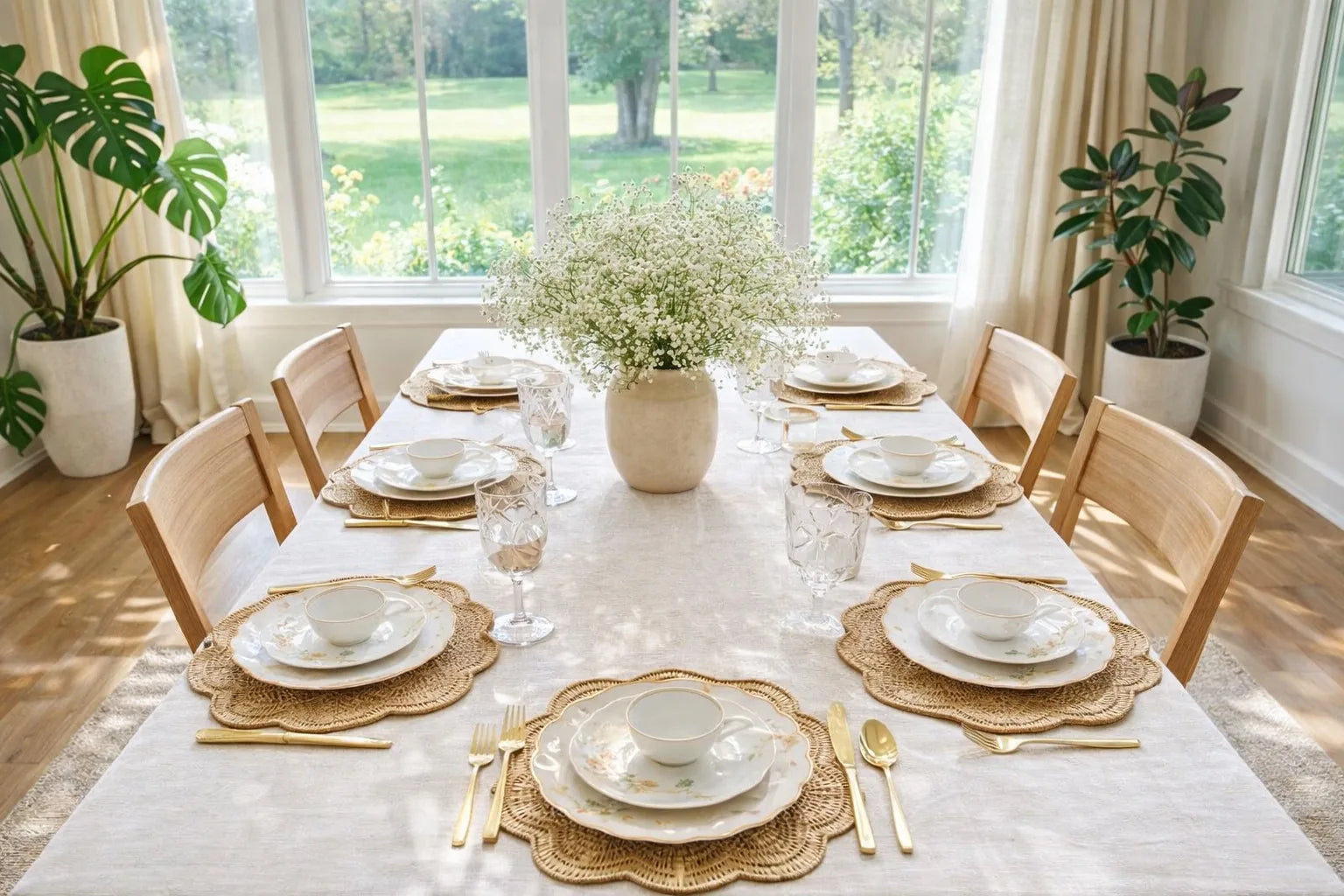 Elegant farmhouse dining table with natural flower medallion placemats, gold flatware, and white floral centerpiece by sunlit windows