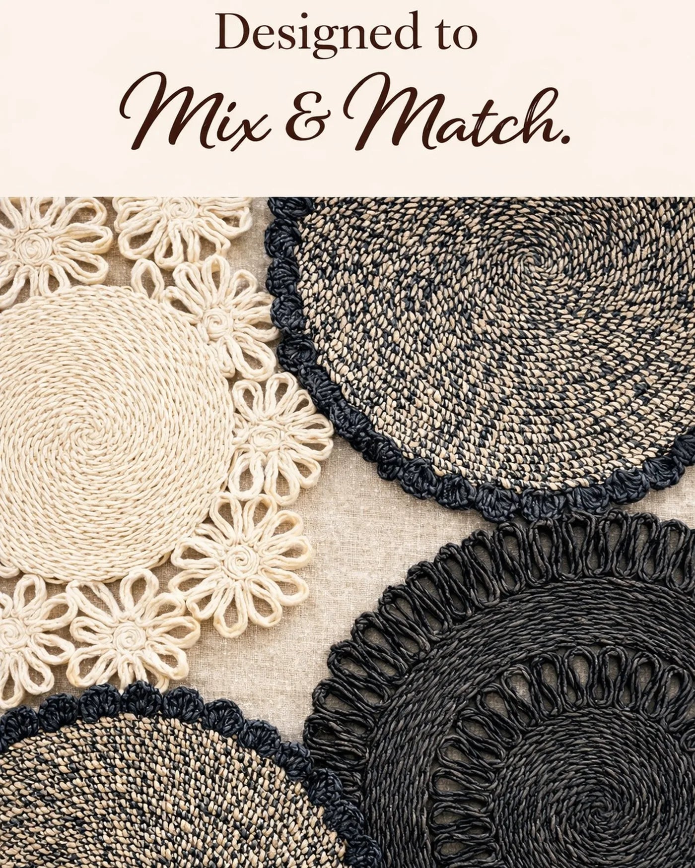 Set of woven coasters in beige, black, and gray with text 'Designed to Mix & Match.'