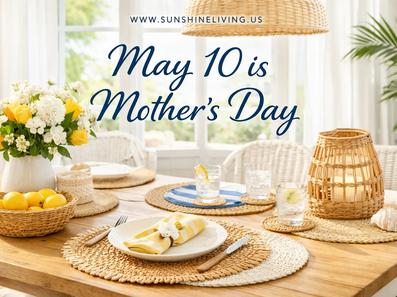 Bright airy dining room with handwoven raffia and abaca placemats styled for Mother’s Day, sunny natural home decor by Sunshine Living