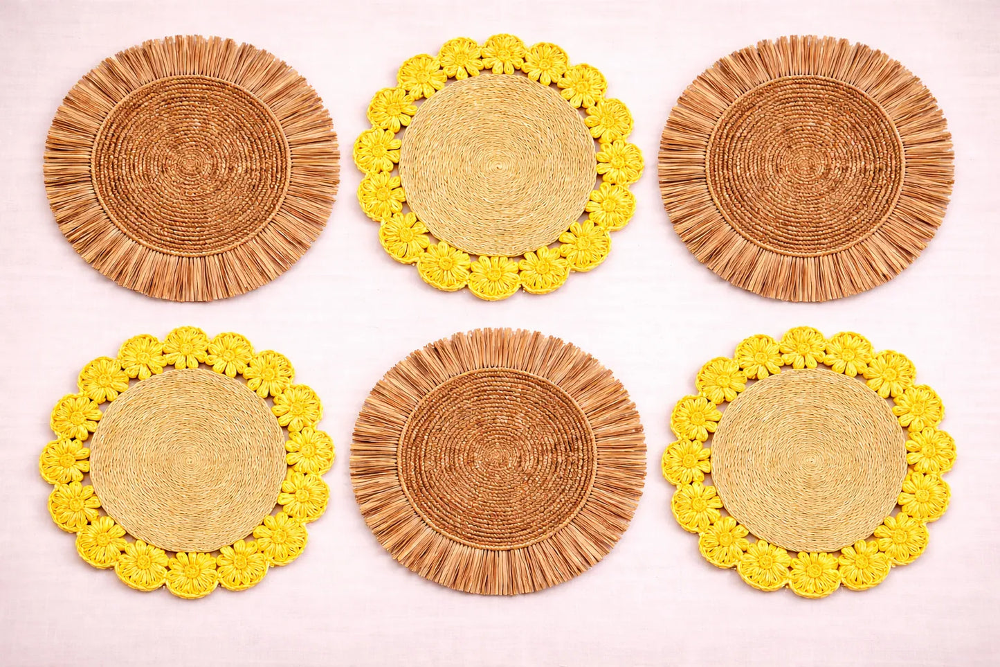 Sunflower Fields table setting featuring a yellow handwoven charger plate and coordinated boho accessories.