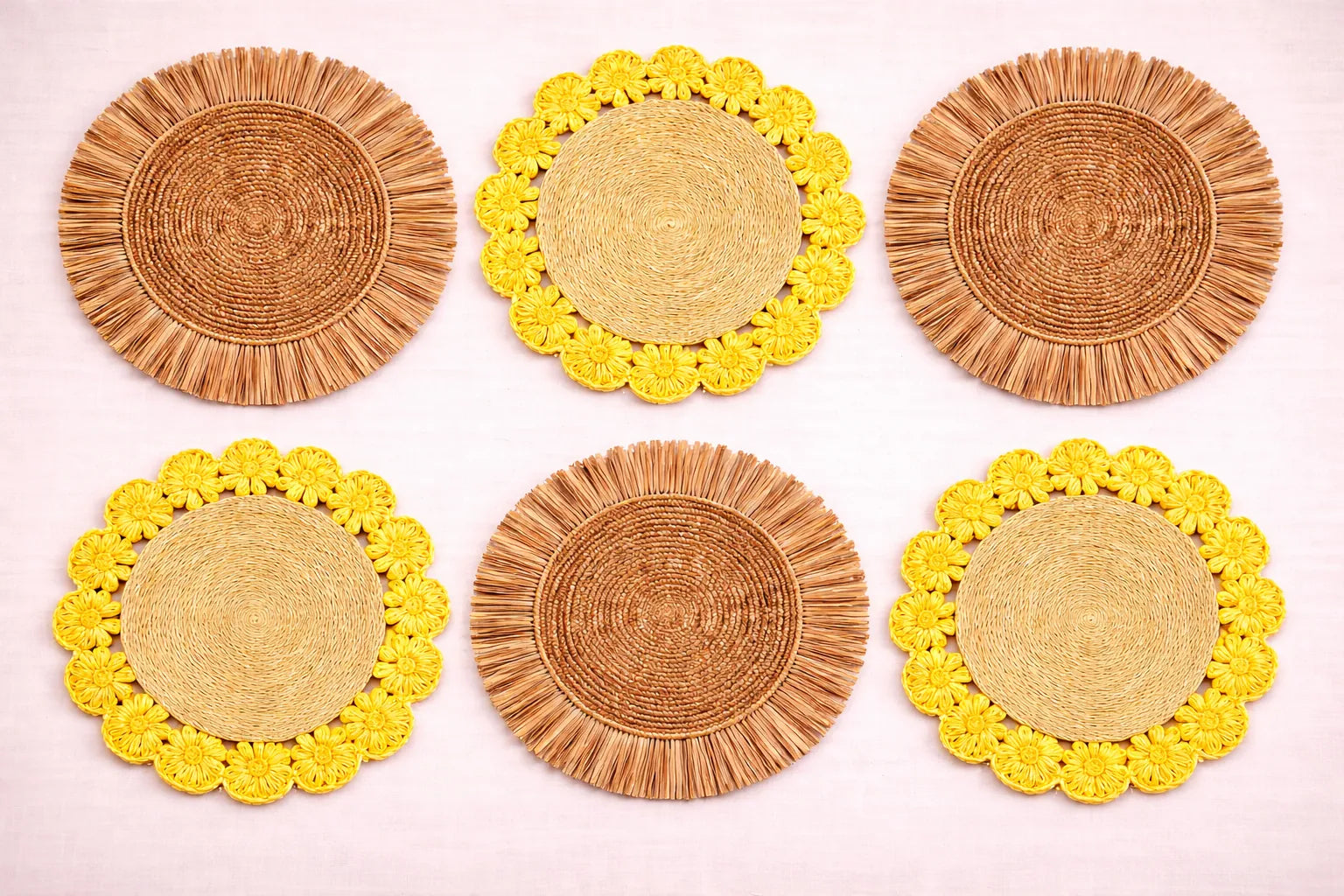 Sunflower Fields table setting featuring a yellow handwoven charger plate and coordinated boho accessories.