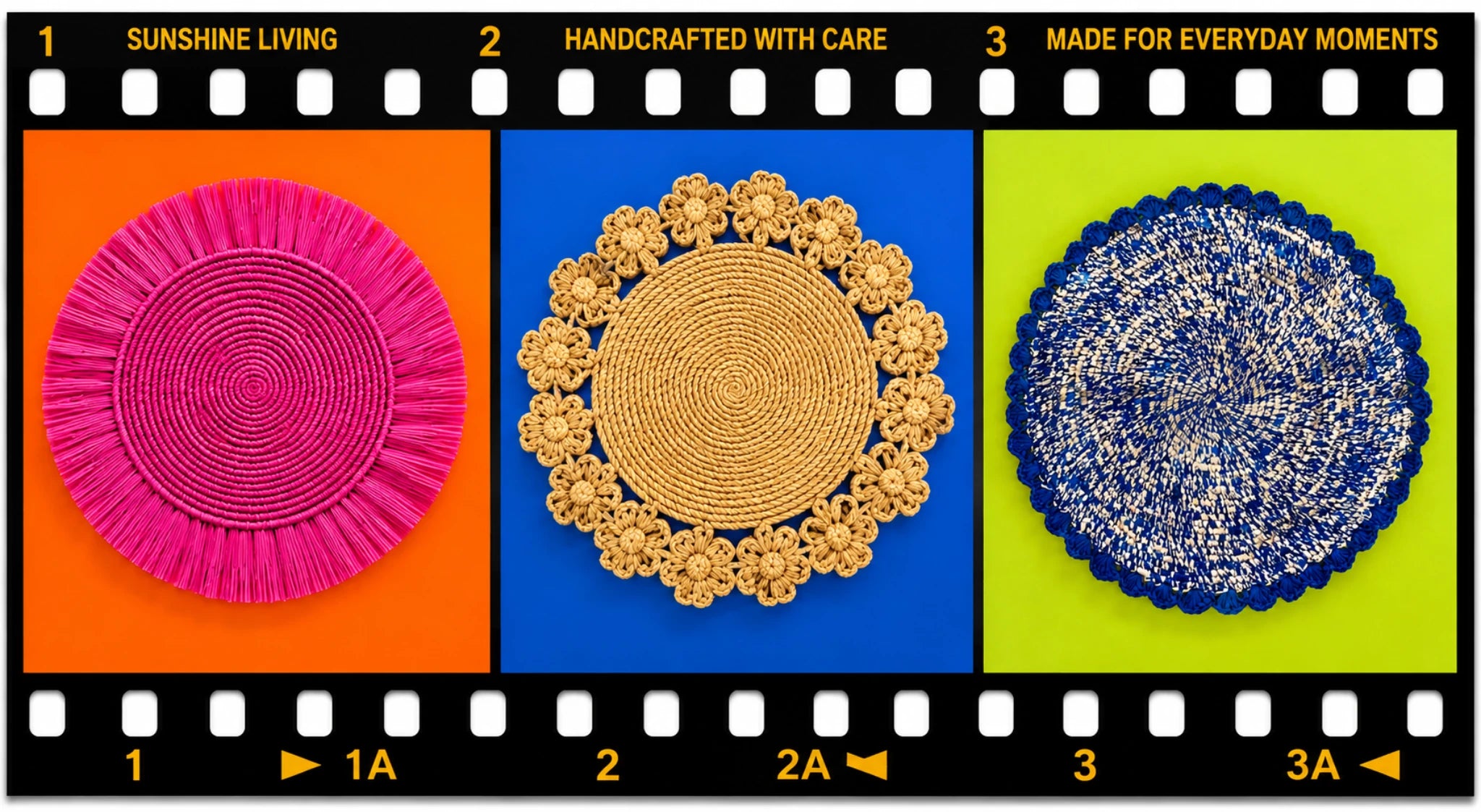 Colorful handcrafted woven placemats displayed in a pop art inspired film strip design with bold summer colors including orange, cobalt blue, and lime green for modern table decor inspiration