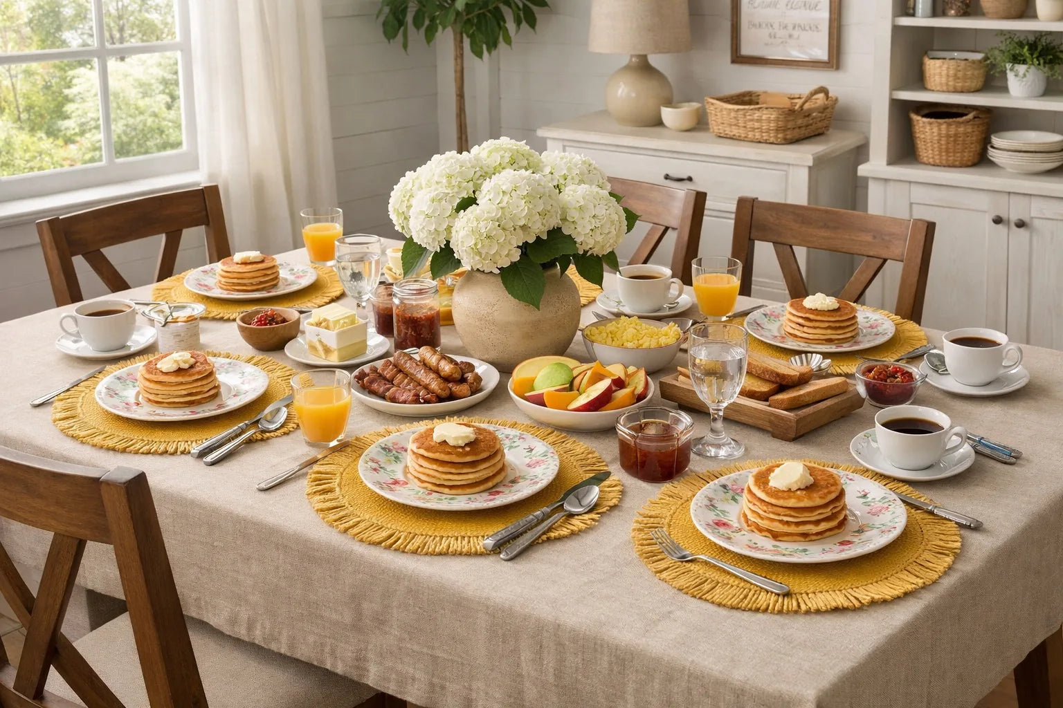 Sunshine yellow raffia fringe placemats styled on a breakfast table with pancakes, coffee, fruit, and white hydrangeas